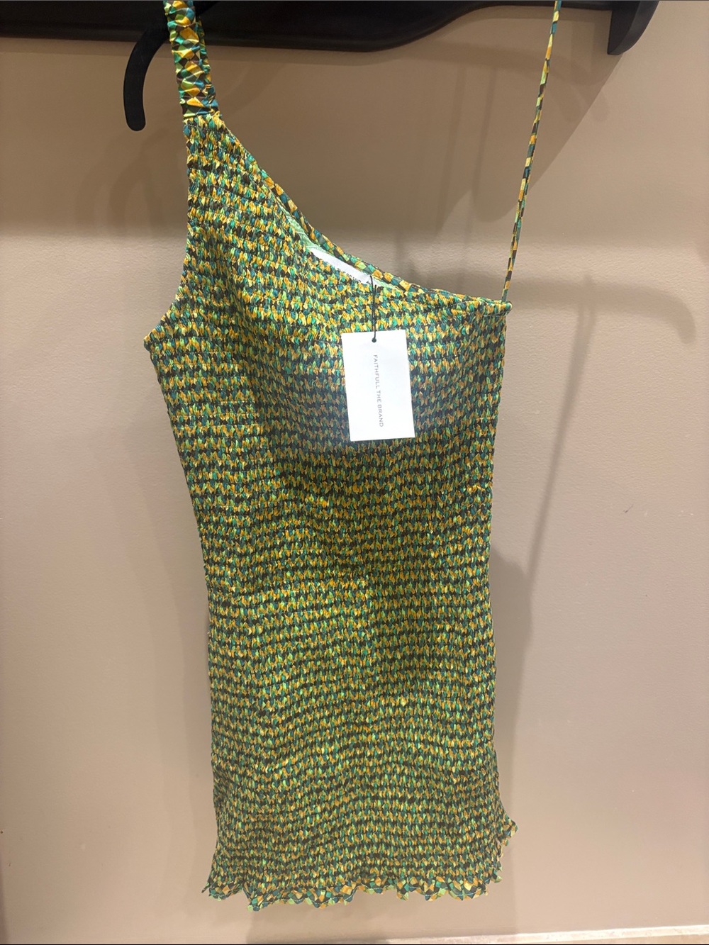Faithfull the Brand Green and Yellow Smocked One-Shoulder Dress